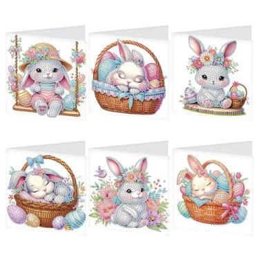 Imagem de MVVMTOP 6 peças de cartão comemorativo com pintura de diamante, "faça você mesmo" coelho e ovos de páscoa cartão de felicitações arte diamante para bênção e desejo artesanato de artes de diamante em