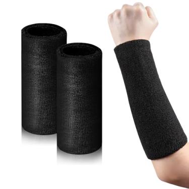 Imagem de 2 pulseiras longas de 23 cm faixas de suor pretas grandes faixas de suor pulseiras de pulso faixas de suor de braço a granel para homens mulheres perda de peso futebol treino (preto)
