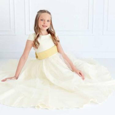 Imagem de Vestido longo Off White com Faixa e Laço AMARELO CLARO Infantil Festa 