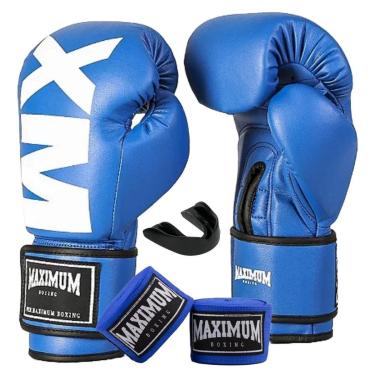 Imagem de Kit Luva de Boxe Muay Thai Kickboxing MXM Azul + Bandagem 3m + Protetor Bucal - Maximum-Unissex