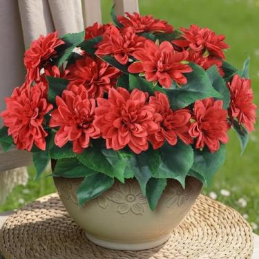 Imagem de VIERENA 16 pacotes de flores artificiais de dália para decoração de primavera e verão, flores de seda que não desbotam, arranjo de plantas para casa, jardim, varanda, casa de fazenda (vermelho)