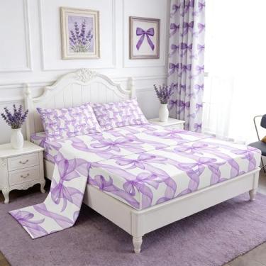Imagem de Jogo de lençol solteiro com fita de laço, listras roxas, 3 peças, para decoração de quarto de crianças, mulheres e jovens, lençol com elástico, lençol de cima, 1 fronha