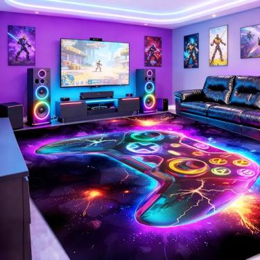 Imagem de Tapete de área de jogos neon de 2,7 x 3,6 m para quarto de meninos, tapete colorido para decoração de quarto de jogadores, tapete de videogame antiderrapante para sala de jogos de adolescentes ou zona