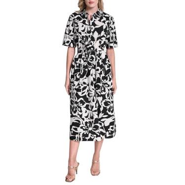 Imagem de DKNY Vestido feminino de manga curta com gola popelina de algodão, preto/marfim, 42