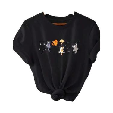 Imagem de Camiseta Casual Feminina Branca Com Estampa De Gato, Gola Redonda E Ma