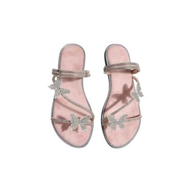 Imagem de OYOANGLE Sandálias femininas de couro PU com strass borboleta com tiras planas e bico aberto elegantes sandálias deslizantes, rosa, 39