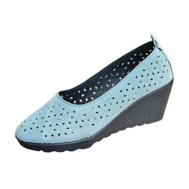 Imagem de Sapatos femininos casuais de boca rasa, salto cunha, bico redondo, parte inferior grossa para uso ao ar livre, Azul royal, 36