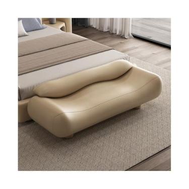 Imagem de KEG801302 Banqueta moderna de ponta ondulada para quarto com encosto, banco de mola, banco de cabeceira para cama, sofá, banco longo decorativo (Cáqui)