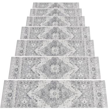 Imagem de Escada antiderrapante de 20 x 76 cm, tapete de escada com suporte de borracha cinza lavável e reutilizável para degraus de madeira, degraus de escada de segurança interna para crianças e cães idosos