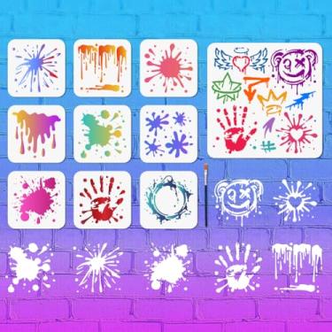 Imagem de MAYJOYDIY 10 peças de estênceis de grafite e respingos de tinta, reutilizáveis, asas de anjo, flecha, estrela, modelo de desenho de rosto sorridente de 5,9 a 30 cm, com pincel de pintura, para