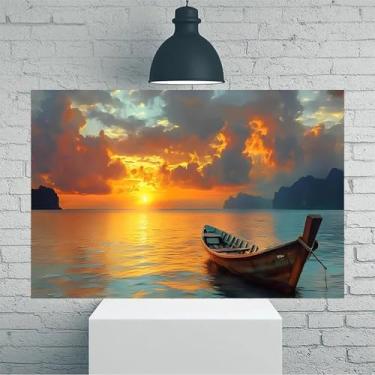 Imagem de Arte de parede em tela rústica vintage barco no oceano pôr do sol com ilhas - Pôster sem moldura de 20 x 30 cm - Ideia de presente para decoração de casa e escritório para sala de estar, quarto