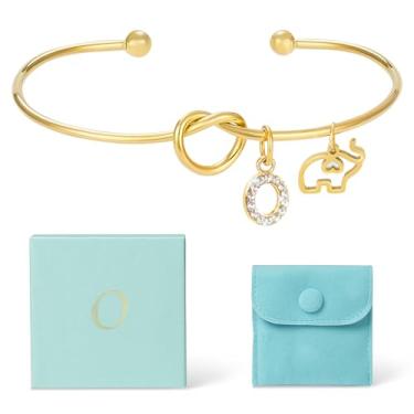 Imagem de COSHAYSOO Pulseira feminina banhada a ouro 14K com berloques de elefante com letra inicial, One Size, Aço inoxidável Aço inoxidável Ouro 14K, Sem Pedra Preciosa