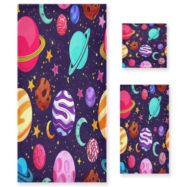 Imagem de xigua Conjunto de toalhas de banheiro coloridas planetas absorventes macias 3 peças toalha de banho toalha de mão toalhas decorativas para banheiro, academia, hotel, praia, piscina