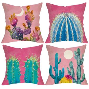 Imagem de Fjfz Capas de almofada decorativas de cacto boho rosa 45,7 x 45,7 cm, conjunto de 4, cactos boêmios, planta suculenta, decoração de casa, decoração de casa, tropical, verão, sol, lua, sofá, sofá, capa