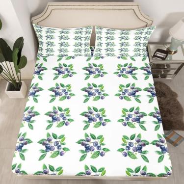 Imagem de jejeloiu Jogo de lençol solteiro fofo de blueberry com estampa de vegetais, estilo de vida de fazenda, ultramacio, roxo e mirtilo