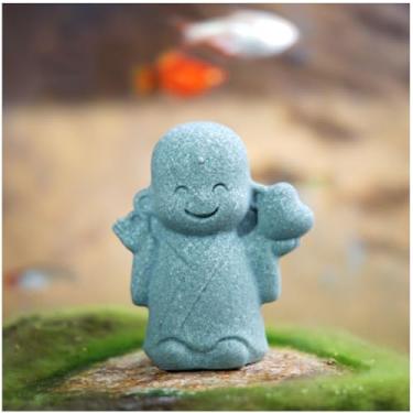 Imagem de livelyfish Buda japonês Bosatsu Feng Shui estátua de monge rezando arenito feliz/sorridente miniatura ornamento para aquário aquário casa jardim decoração (A)