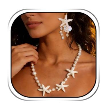 Imagem de Sixexey Conjunto de joias de sereia, estrela-do-mar, colar de pérolas, brincos de praia, acessórios de bijuteria
