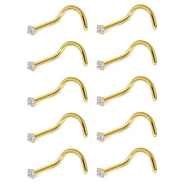 Imagem de Dyknasz Piercing de nariz de aço cirúrgico com zircônia cúbica, 10 peças, minúsculos anéis de narina para mulheres, piercing de osso de parafuso e piercing de narina em forma de L, joias 24G 22G 20G
