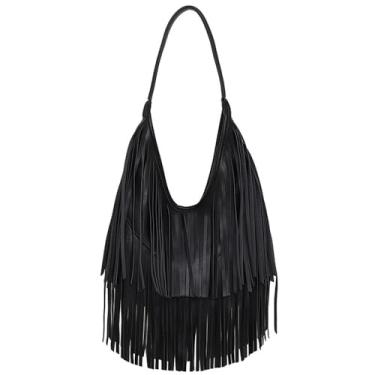 Imagem de NIGEDU Fringe Hobo Bolsa de ombro feminina de couro vegano com borla em camadas, Preto, Medium