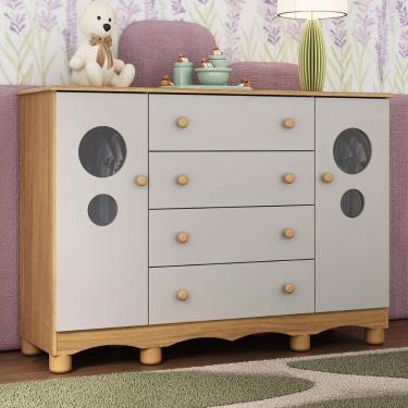 Imagem de Cômoda Infantil 125cm 2 Portas Com Vidro E 4 Gavetas Suspiro Multimóveis MP4460 Madeirado-off White