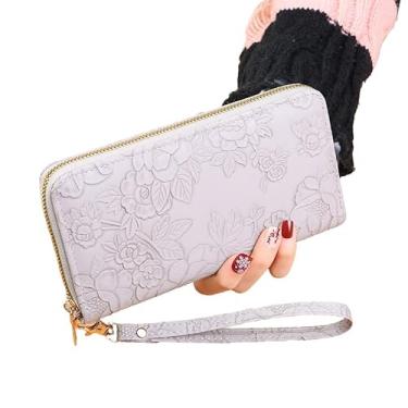 Imagem de Carteira feminina com zíper, estampa de flores, bolsa de dinheiro para cartões de grande capacidade, carteiras de estilo longo, carteira de cartão de crédito, presente, Cinza claro, Estilo retrô