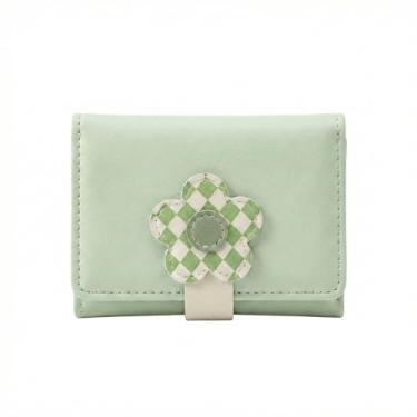 Imagem de Carteira Feminina Pequena Compacta Porta Cartões e Notas Design Flor Xadrez Couro PU Macio Mini Tons Pastel (Verde)