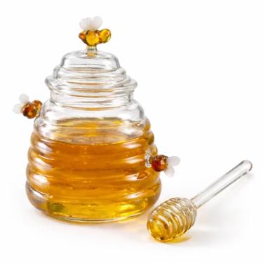 Imagem de Meleira de Vidro Colmeia com Abelha Pegador para Mel Decorativa Mesa Posta Cozinha Elegante Armazenamento Prático 13,5x10cm 450 Ml