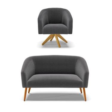 Imagem de Kit 1 Sofá Namoradeira E 1 Poltrona Stella Bouclê Base De Madeira Ma30 - D'rossi Cor Grafite