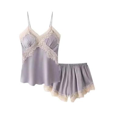 Imagem de Conjunto De Pijama Em Cetim Preto Com Renda Para Mulheres, Top Cami Se