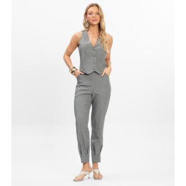 Imagem de Calça Feminina Em Alfaiataria Risca Giz Toda Nua Cinza, GG, Cinza