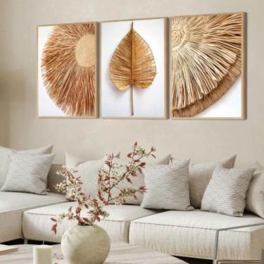 Imagem de Kit 3 Quadros Folhagem Palha Nude Moldura - Zarco Interiores