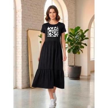 Imagem de Vestido Midi Três Marias Feminino Aveloz Estampa Moo! Preto-Feminino