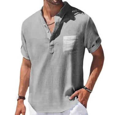Imagem de Camisa Masculina de Linho Casual - Manga Curta, Gola Alta e Bolso, BR-