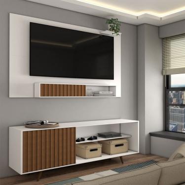 Imagem de Rack com Painel para TV Até 55 Polegadas Ripado Branco/Freijó - Panorama Móveis