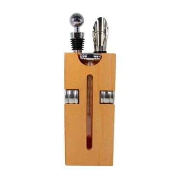 Imagem de Kit Vinho Abridor Saca Rolhas Tampa Termômetro Anel Inox Mdf - DAP