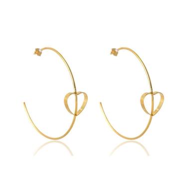 Imagem de Brinco Argola Grande Fina Com Coração Embutido Folheado Em Ouro 18k