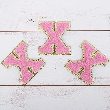 Imagem de Pacote com 3 adesivos de Chenille Iron On Glitter Varsity Letter "X" - Tecido de chenille rosa com acabamento dourado - Costurar ou passar - 5,5 cm de altura