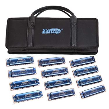 Imagem de Conjunto de gaitas diatônicas profissionais Easttop 008K com 12 chaves blues harpa 10 furos e 20 tons para jogadores profissionais, iniciantes, estudantes, crianças com bolsa de presente preta (azul - 12 chaves)