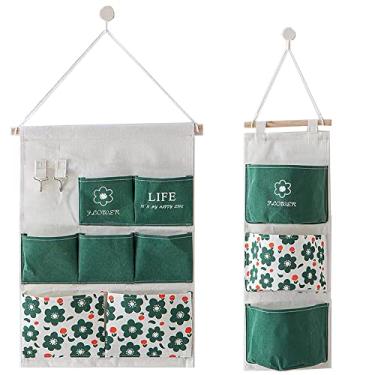 Imagem de 2 pacotes de bolsos de armazenamento sobre a porta, sacos de armazenamento pendurados, organizador de linho de algodão, porta de parede, armário de porta de parede, 7 e 3 bolsos, organizador de casa para quarto e banheiro (flores verdes)