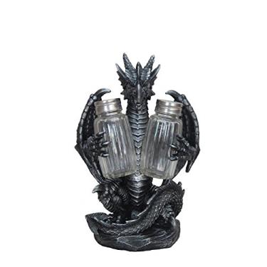 Imagem de DWK Conjunto de saleiro e pimenteiro dragão medieval "Blackened Spice" com dragão mítico, fantasia gótica, decoração de casa, 20 cm