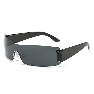 Imagem de Óculos de sol estilo retangular vintage sem aro para mulheres Óculos de sol gradiente de uma peça masculino Hip Hop tons legais, preto cinza, com estojo