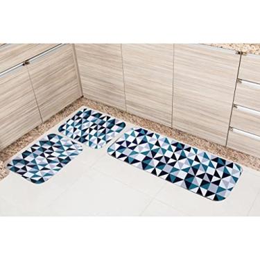 Imagem de Tapete de Cozinha Jogo 3 Peças Emborrachado Antiderrapante (Geométrico Verde)