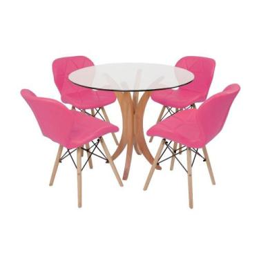Imagem de Conjunto Mesa De Jantar Tampo De Vidro 90cm Com 4 Cadeiras Slim - Rosa