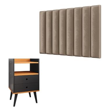 Imagem de Kit Cabeceira Estofada Cama Box Solteiro 90 cm Sophia Bege e Mesinha Canto Quarto 2 Gavetas Retrô Nicho Decorativo Dream Preto/Cinamomo- RPM