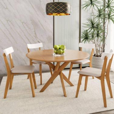 Imagem de Conjunto Sala de Jantar Mesa Tampo Redondo Madeira Maciça com 4 Cadeiras Rafa Espresso Móveis Branco/Nozes
