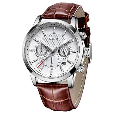 Imagem de Relógio masculino LIGE Fashion Sports Cronógrafo impermeável analógico de quartzo marrom pulseira de couro casual relógio..., Social, Branco