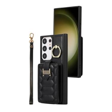 Imagem de Capa de couro flip vertical com cordão para Samsung Galaxy S23 Ultra S22 Plus S21 S20 FE A14 A54 Z Fold 5 4 3 Capa de metal para cartão carteira, preta, para Samsung A53 (5G)