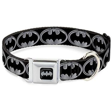 Imagem de Buckle-Down Coleira para cães fivela de cinto de segurança Batman escudo preto prata, 2,54 cm de largura – serve para pescoço de 28 a 43 cm – Médio (DC-WBM002-M)