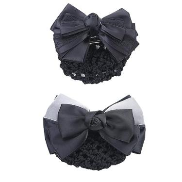 Imagem de 2 peças de cobertura de coque de cabelo para mulheres, rede de rede para decoração de laço e laço de presilha, fita de cabelo francês, acessórios de cabelo para aeromoça, banco, hotel, funcionários