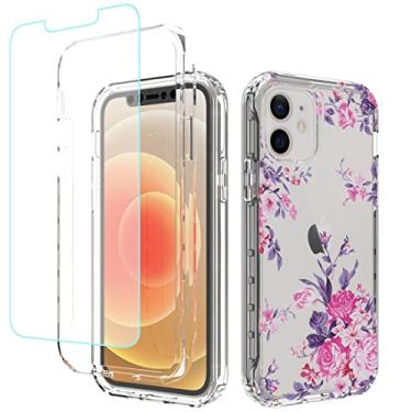 Imagem de sidande Capa para iPhone 11 com protetor de tela de vidro temperado, capa protetora fina de TPU floral transparente para Apple iPhone 11 de 6,1 polegadas (flor rosa)